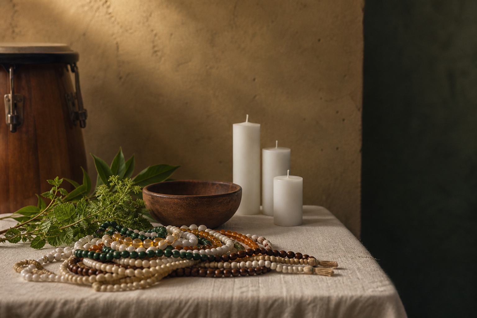 Guias de contas sobre tecido claro, com ervas, velas apagadas, recipiente de madeira e atabaque.